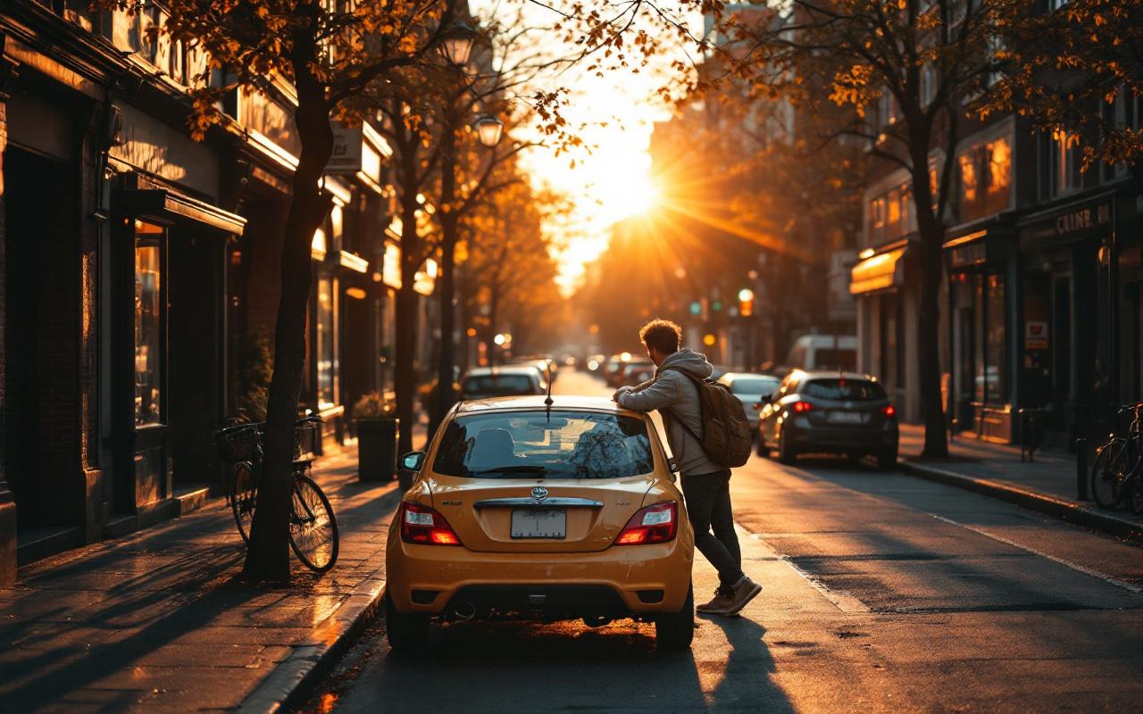 Petite voiture de ville garée dans une rue urbaine, un étudiant appuyé contre la voiture avec son sac à dos, vitrines et vélos en arrière-plan, sol légèrement humide, lumière dorée du coucher de soleil créant des reflets chauds.