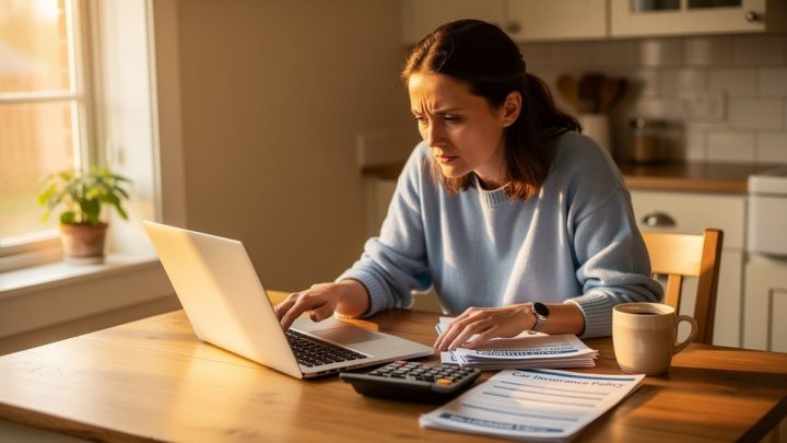 Une conductrice examine ses documents d'assurance auto avec un calculateur
