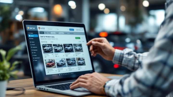 Une berline d’occasion est présentée sur une plateforme automobile européenne. Un vendeur et un acheteur comparent des annonces sur un ordinateur portable.