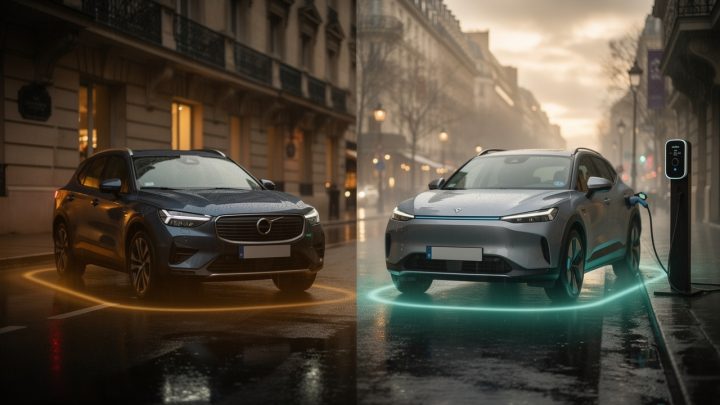 Comparaison visuelle réaliste de deux SUV, un hybride et un électrique, sur une route urbaine française humide, avec des indices visuels suggérant coût, recharge et carburant.
