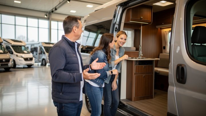 Un couple examine un camping-car dans une concession spécialisée, pendant qu’un vendeur présente des options, avec plusieurs véhicules de loisirs en arrière-plan.