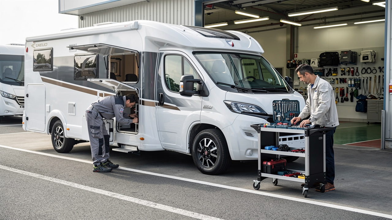 Essai routier d’un camping-car sur une route, avec vérifications techniques et accessoires visibles près d’un atelier de concession en arrière-plan.