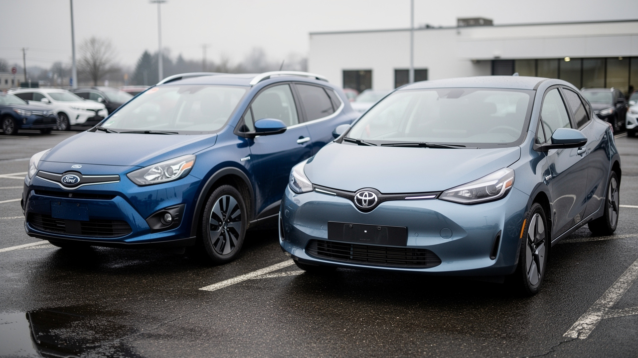 Deux voitures Ford Puma hybride et Ford Puma Gen-E stationnées côte à côte dans un parking de concession, vue réaliste avec reflets sur la carrosserie.