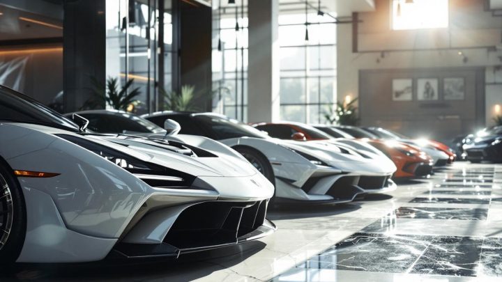 Garage automobile haut de gamme inspiré de Monaco, plusieurs supercars alignées, éclairage naturel élégant et ambiance luxueuse.