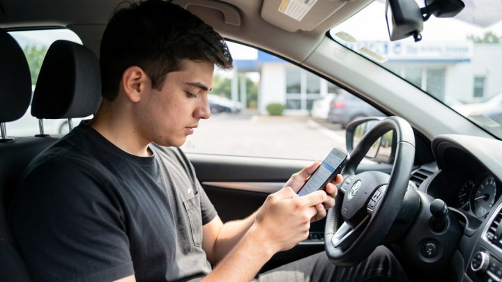 Un jeune homme révise des questions sur un smartphone à l’intérieur d’une voiture, ambiance réaliste d’examen pratique, lumière naturelle et atmosphère studieuse.