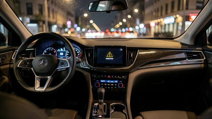 Tableau de bord de voiture moderne vu depuis le siège conducteur, avec des voyants d’alerte lumineux et l’ambiance réaliste de la presse auto, la ville nocturne floutée à travers le pare-brise.