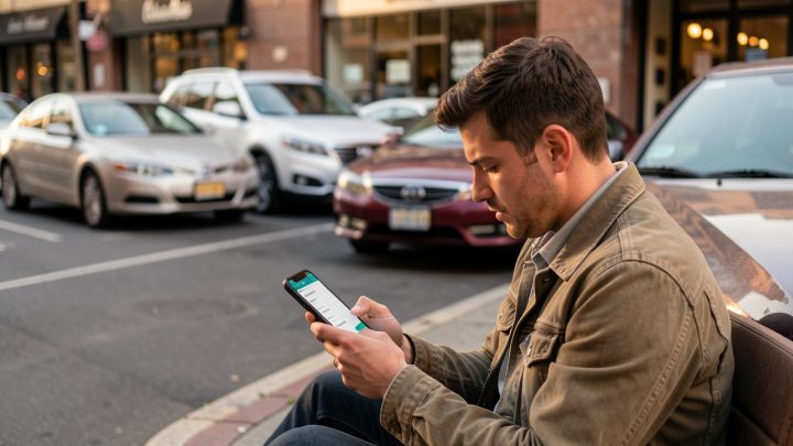 Un homme consulte ses dépenses auto sur son smartphone dans une ville, avec plusieurs voitures stationnées autour.