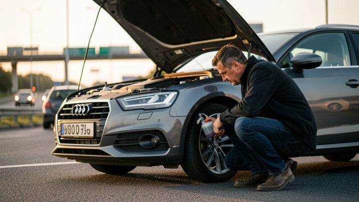 Un homme vérifie les pneus et les niveaux d’une voiture break garée sur le côté de la route avant le départ.