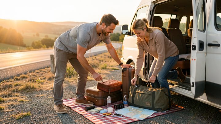 Un couple prépare un road trip devant un véhicule de loisirs, avec des bagages et des cartes disposées près de la porte ouverte, à la lumière naturelle du matin.