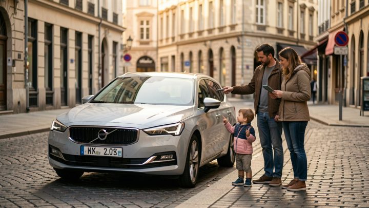 Voiture moderne garée dans une rue urbaine, une famille discute et compare leurs besoins de mobilité près du véhicule.