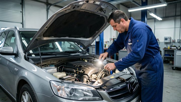Une voiture stationnée dans un atelier automobile, le capot ouvert, pendant qu’un mécanicien vérifie les points d’entretien essentiels.