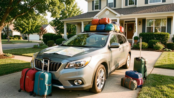 Voiture familiale chargée de bagages devant une maison, avec une carte routière posée sur le capot, dans une lumière estivale éclatante.
