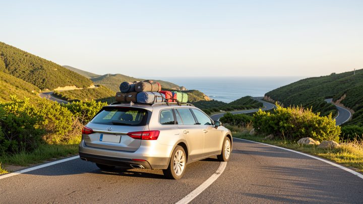 Voiture familiale chargée de bagages, prête à partir sur une route panoramique en été, avec des collines verdoyantes et la mer au loin.
