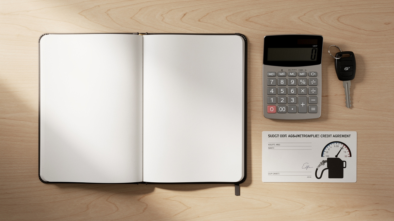 Vue détaillée d’un carnet de budget automobile avec calculatrice, clés de SUV, document de crédit vierge et jauge de carburant, éclairés par une lumière naturelle.