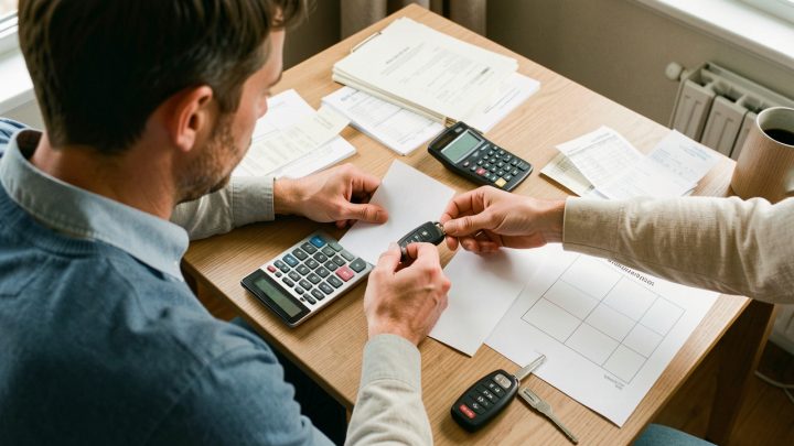 Un homme organise son budget automobile sur un bureau avec des factures vierges, des clés de voiture, une calculatrice et un tableau abstrait de dépenses.