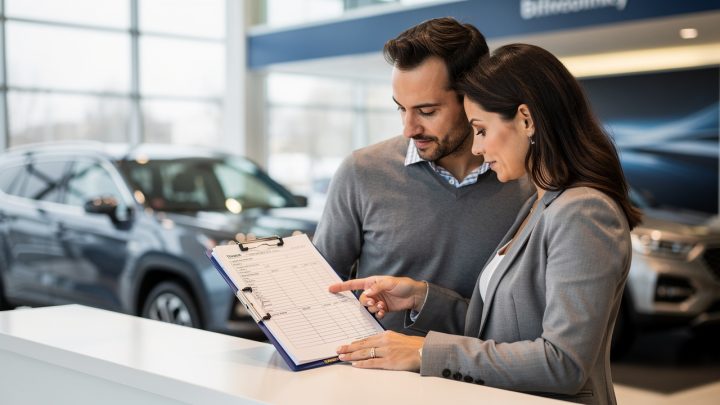 Un homme et une femme examinent un tableau de financement vierge près d’un bureau dans une concession automobile, avec un SUV familial en arrière-plan.