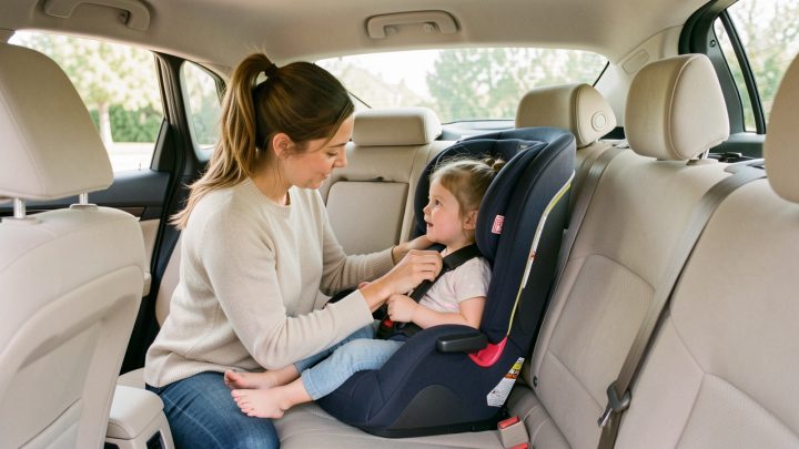 Une mère installe une jeune fille dans un siège auto dos à la route sur la banquette arrière d’une voiture moderne, avec une ceinture trois points bien visible.