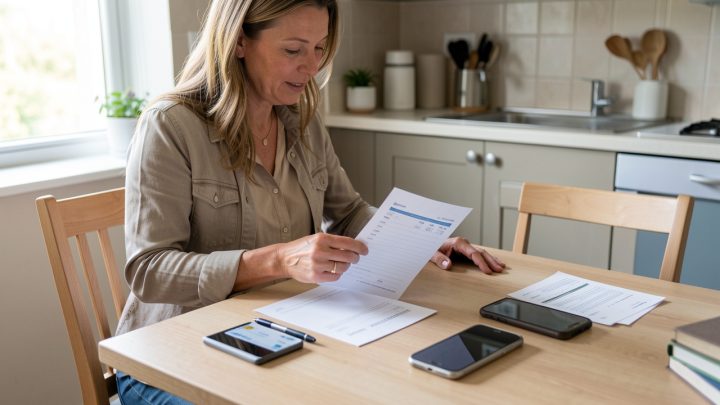 Femme consultant des documents administratifs vierges et une carte de transport sur une table, dans une ambiance réaliste et sobre.