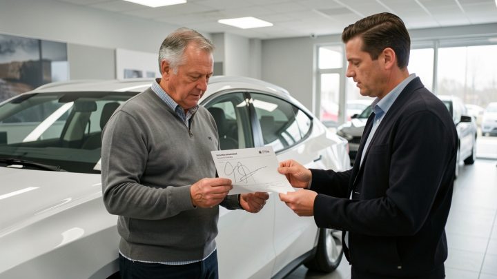 Un homme d’âge mûr examine une voiture électrique d’occasion dans une concession sobre, avec un rapport d’état de batterie en main.