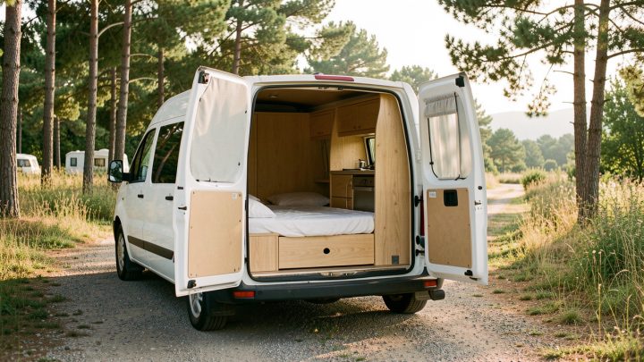 Fourgon utilitaire blanc aux portes arrière ouvertes, aménagé avec un kit amovible en bois comprenant un lit déplié et une cuisine coulissante, stationné dans une aire naturelle française.