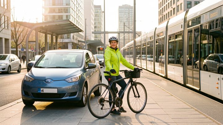 Une femme à vélo près d’une voiture électrique et d’un tramway dans une ville moderne baignée par la lumière matinale.