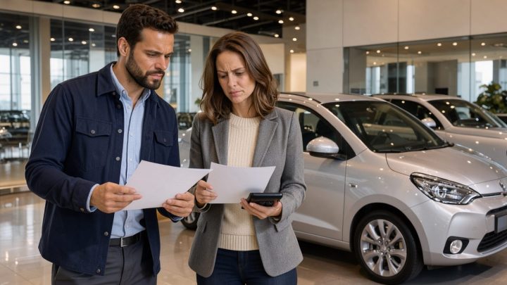 Un homme et une femme comparent un devis automobile vierge avec une calculatrice devant une voiture neuve dans une concession moderne.