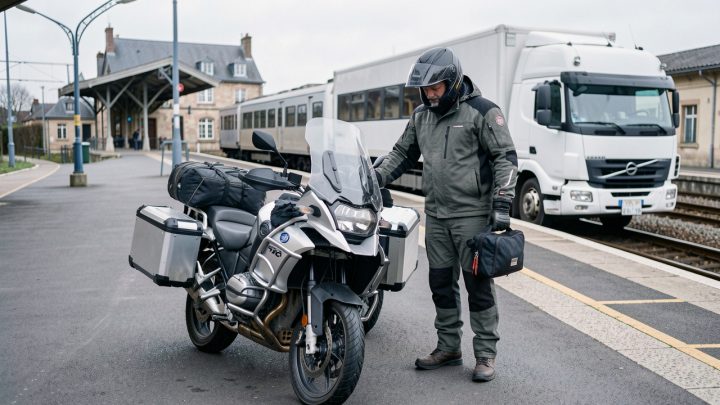 Un homme motard casqué se tient près de sa moto chargée de bagages sur un quai de gare français, à côté d’un camion de transport sécurisé.