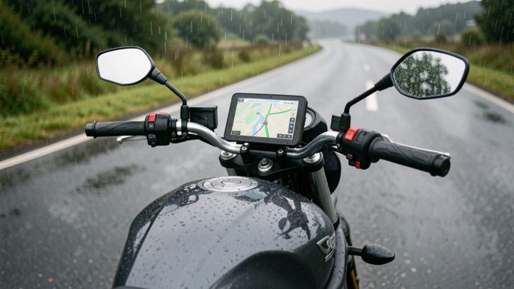 Moto de tourisme stationnée sous une pluie légère, avec un écran de navigation étanche fixé au guidon et une carte GPS stylisée visible.